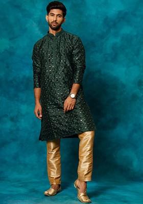 Green Floral Print Poly Blend Kurta Set For Men