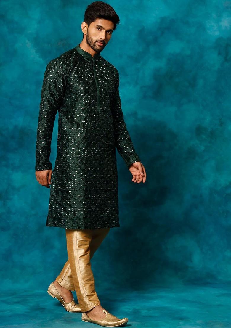 Green Floral Print Poly Blend Kurta Set For Men
