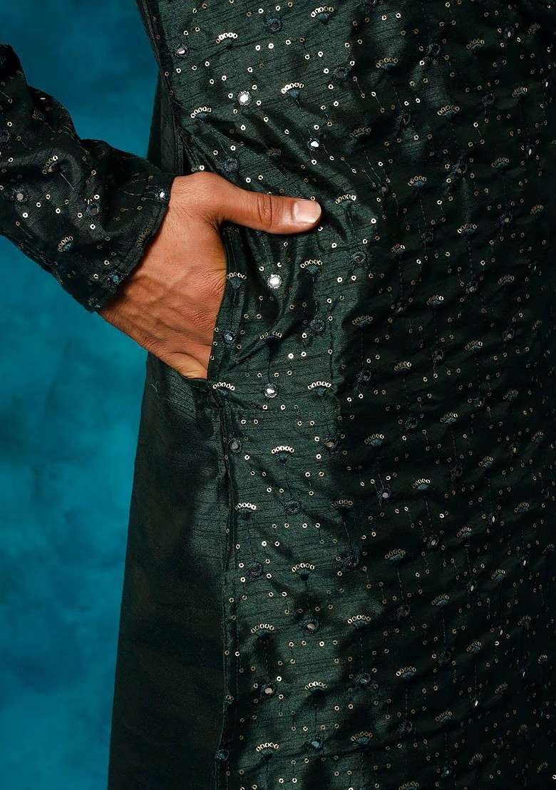 Green Floral Print Poly Blend Kurta Set For Men - Indya