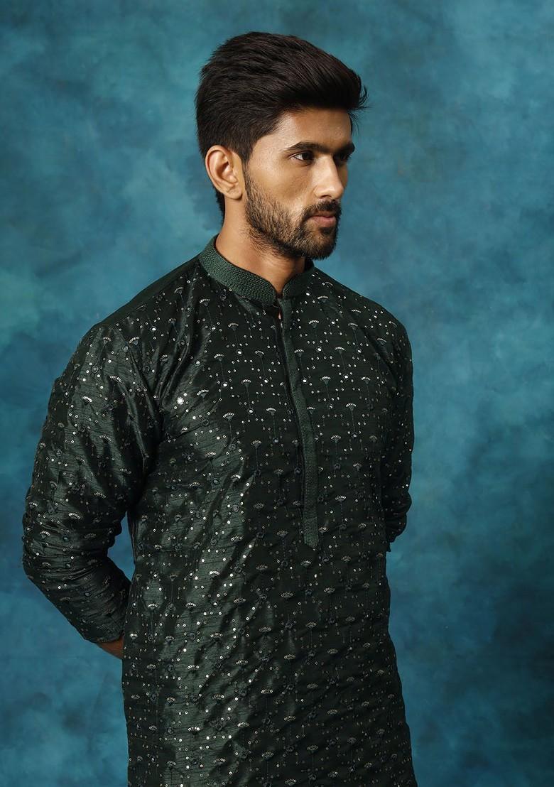 Green Floral Print Poly Blend Kurta Set For Men