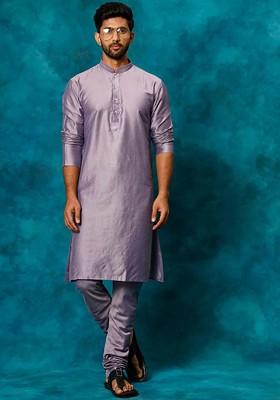 Purple Solid Poly Blend Kurta Set For Men