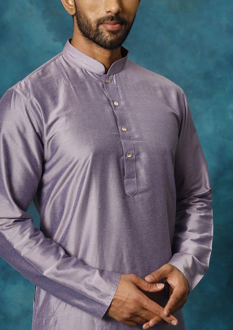Purple Solid Poly Blend Kurta Set For Men