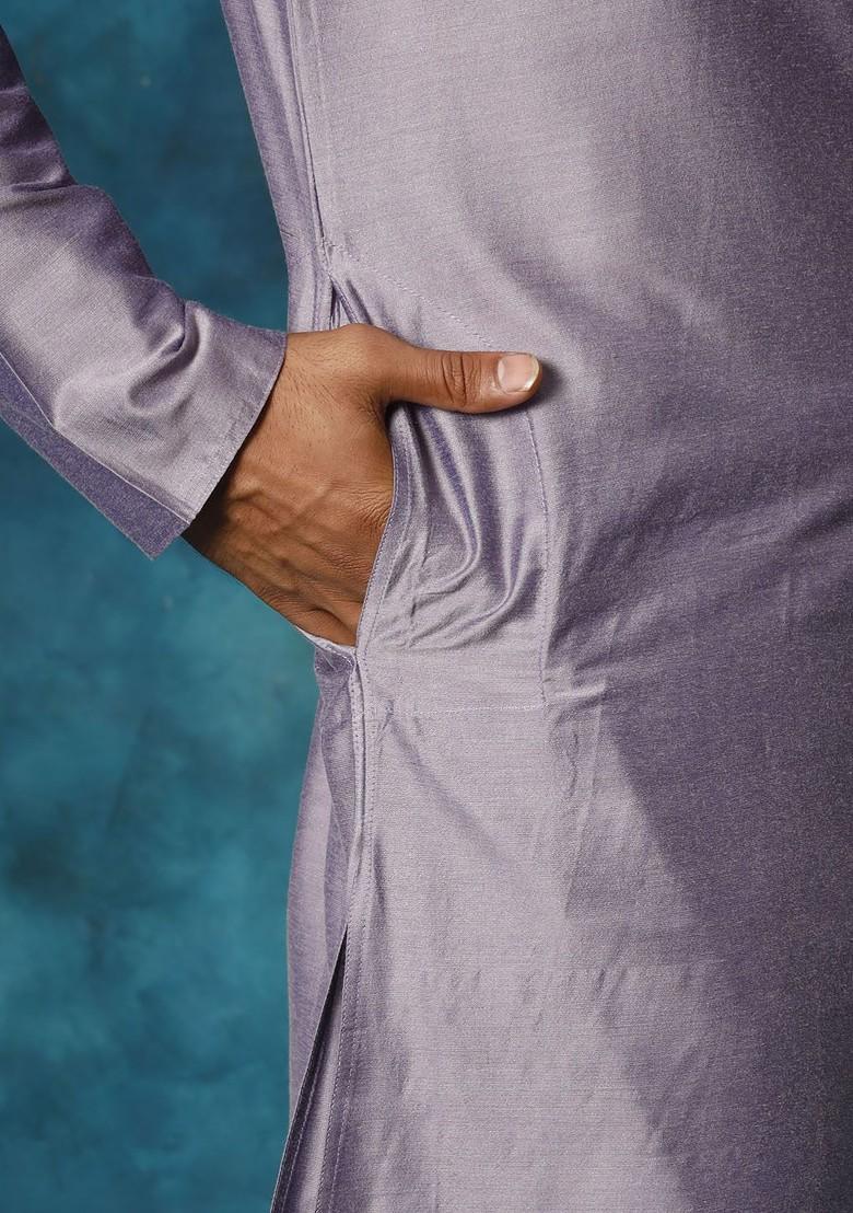 Purple Solid Poly Blend Kurta Set For Men