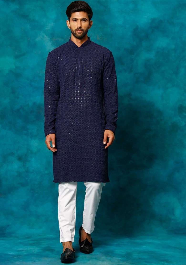 Navy Blue Ethnic Motifs Poly Blend Kurta Set For Men - Indya