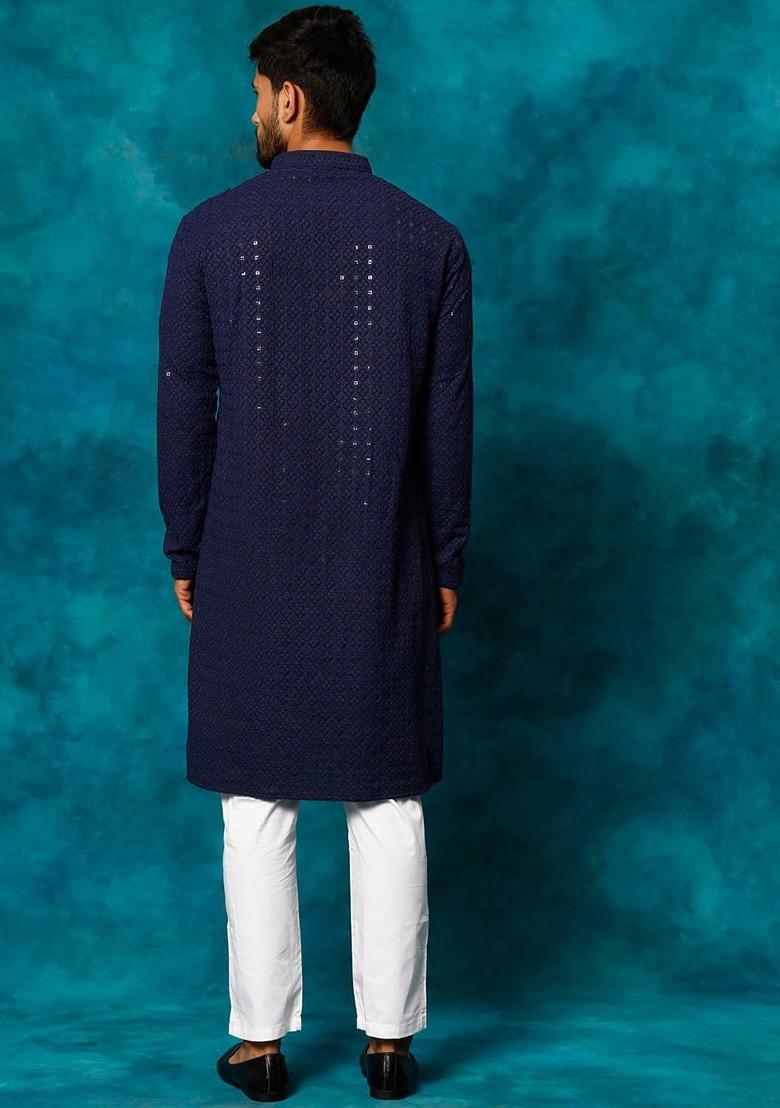 Navy Blue Ethnic Motifs Poly Blend Kurta Set For Men