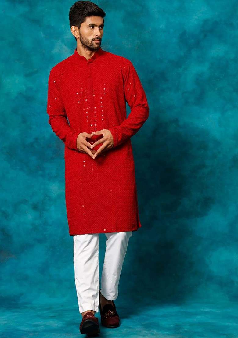 Maroon Ethnic Motifs Poly Blend Kurta Set For Men - Indya