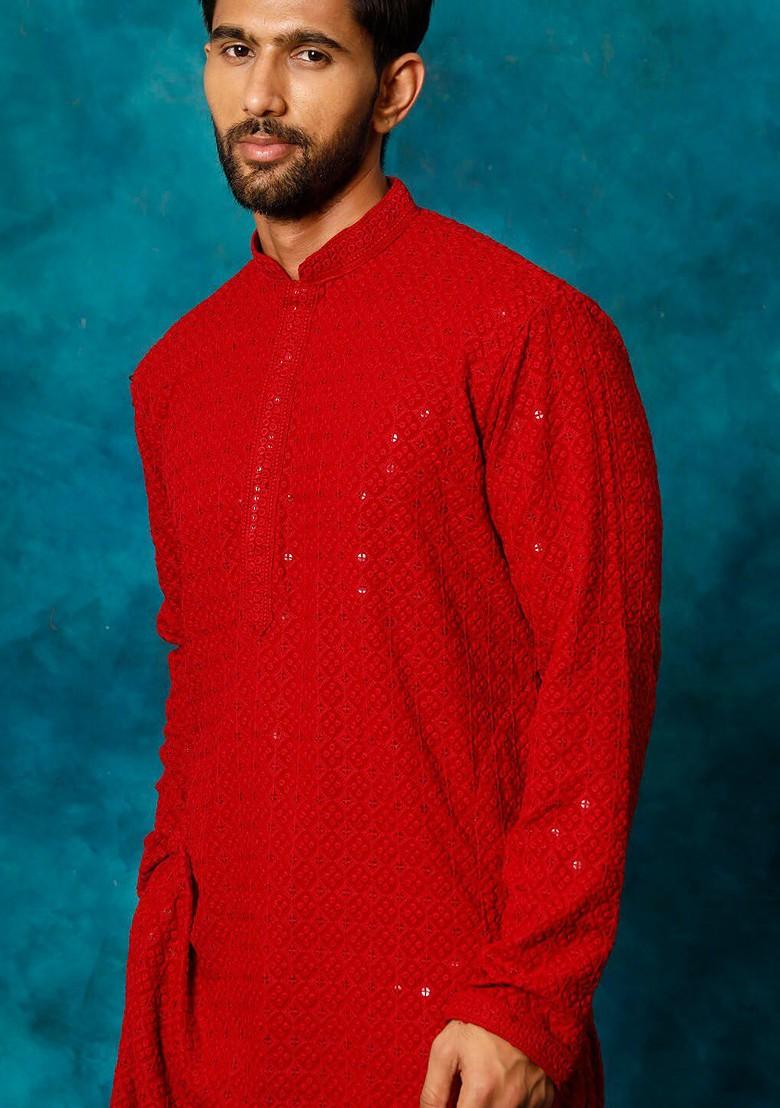 Maroon Ethnic Motifs Poly Blend Kurta Set For Men