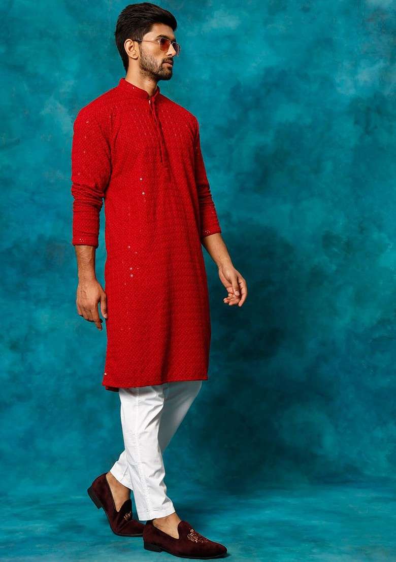 Maroon Ethnic Motifs Poly Blend Kurta Set For Men - Indya