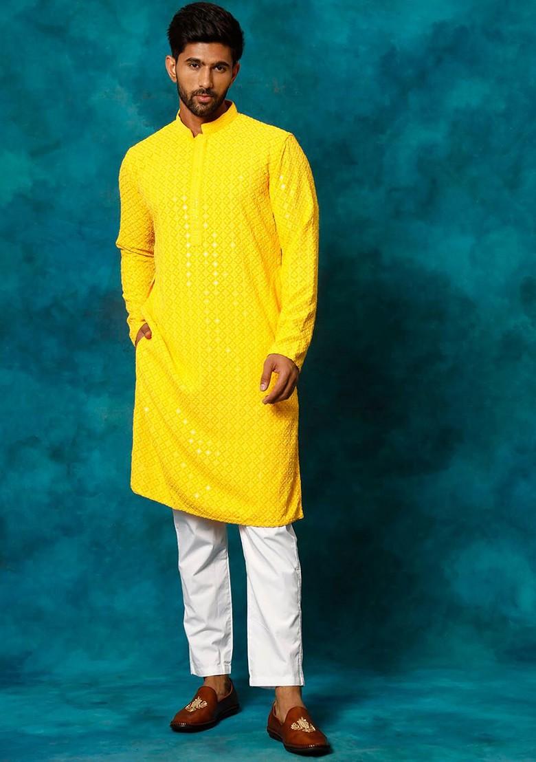 Yellow Ethnic Motifs Poly Blend Kurta Set For Men