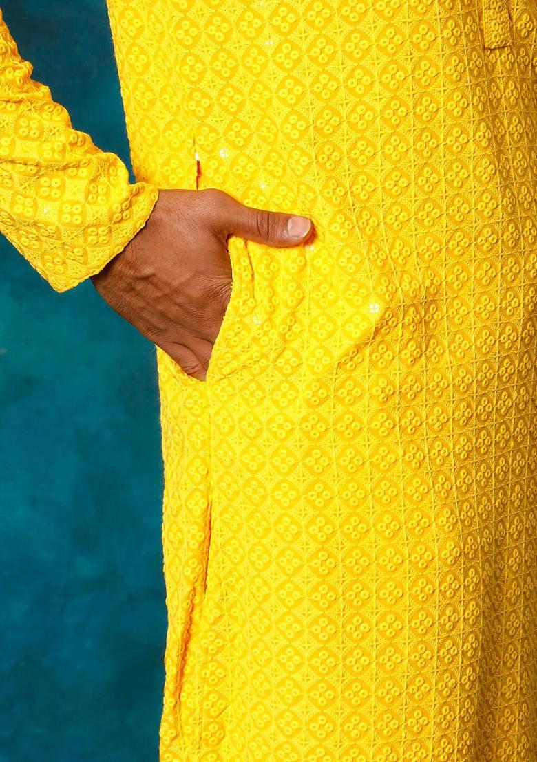 Yellow Ethnic Motifs Poly Blend Kurta Set For Men