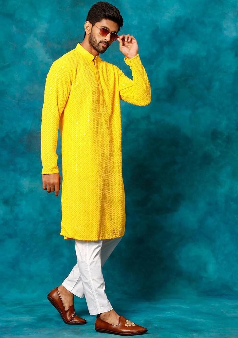 Yellow Ethnic Motifs Poly Blend Kurta Set For Men