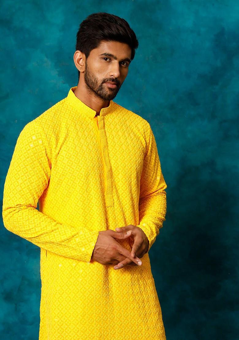 Yellow Ethnic Motifs Poly Blend Kurta Set For Men