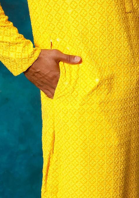 Yellow Ethnic Motifs Poly Blend Kurta Set For Men