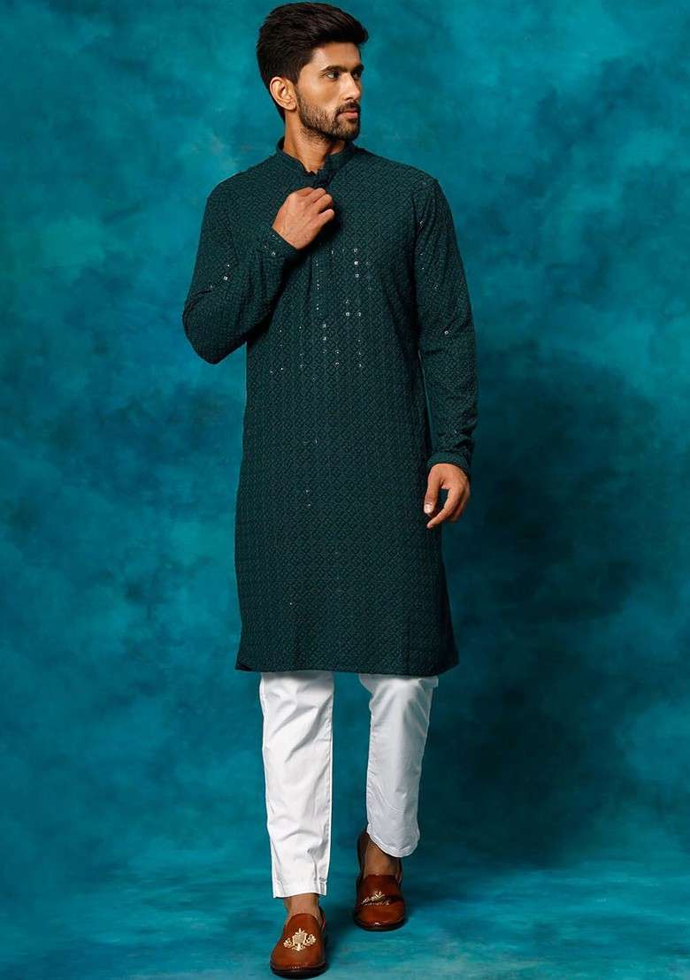 Green Ethnic Motifs Poly Blend Kurta Set For Men - Indya
