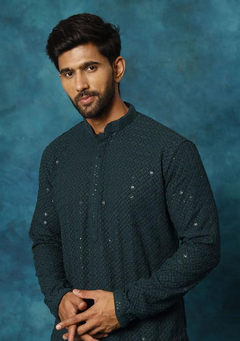 Green Ethnic Motifs Poly Blend Kurta Set For Men