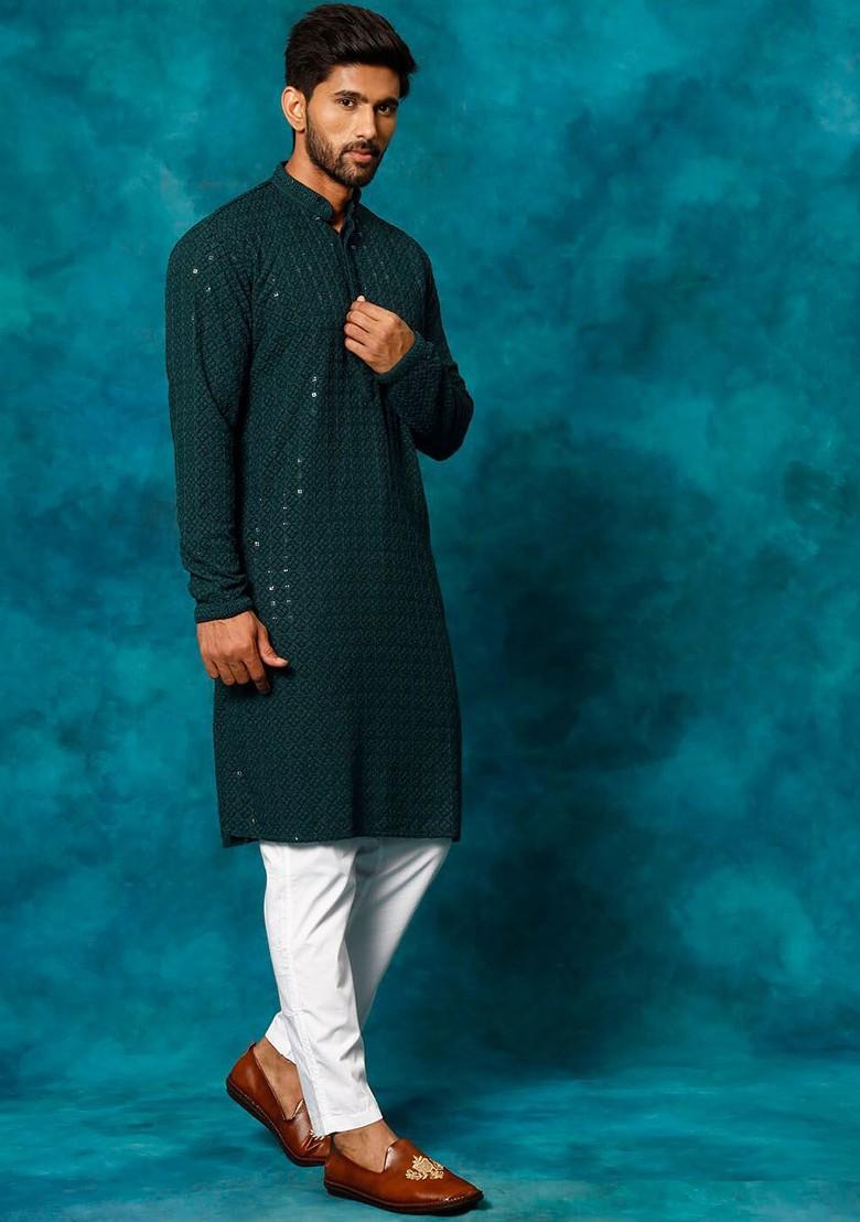 Green Ethnic Motifs Poly Blend Kurta Set For Men
