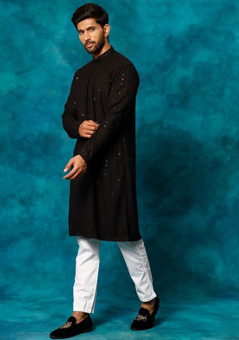 Black Ethnic Motifs Poly Blend Kurta Set For Men - Indya