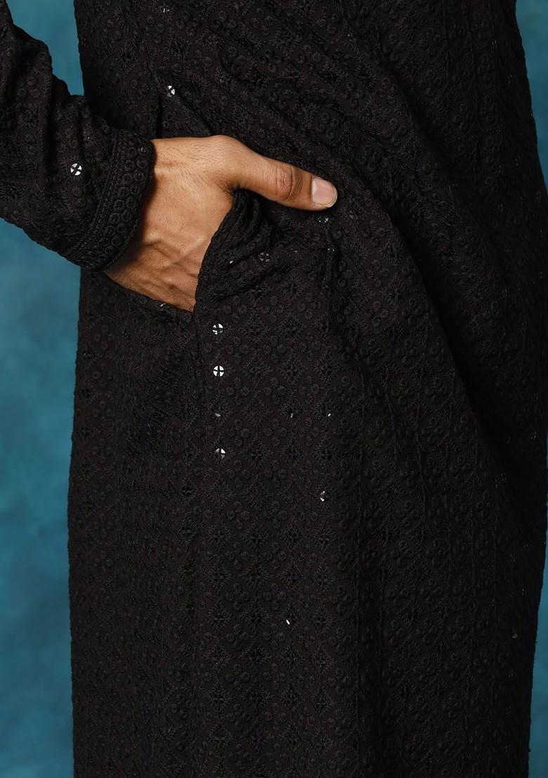 Black Ethnic Motifs Poly Blend Kurta Set For Men