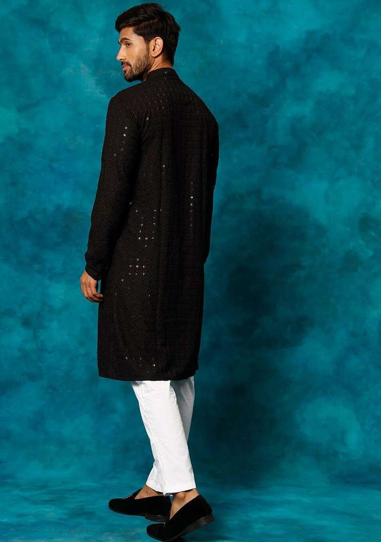 Black Ethnic Motifs Poly Blend Kurta Set For Men - Indya