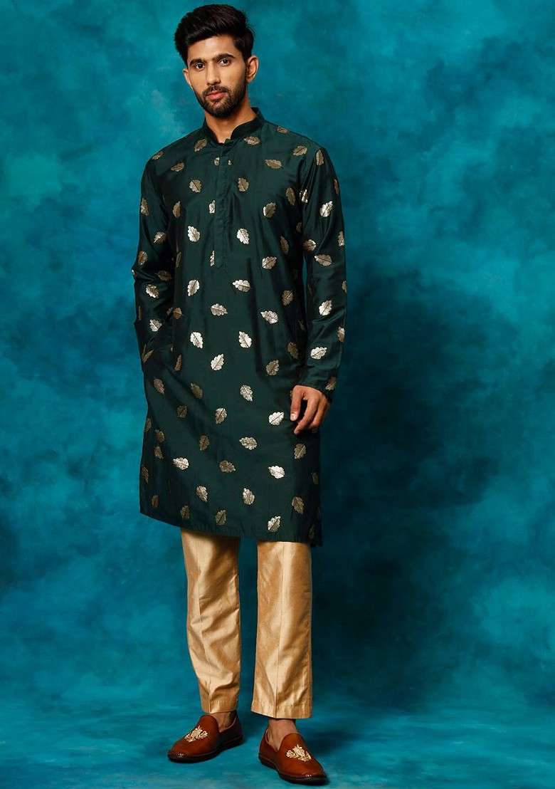 Green Ethnic Motifs Poly Blend Kurta Set For Men - Indya