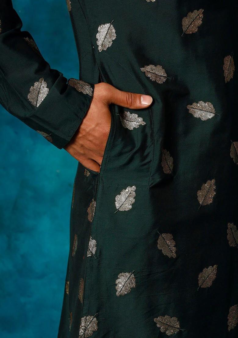 Green Ethnic Motifs Poly Blend Kurta Set For Men