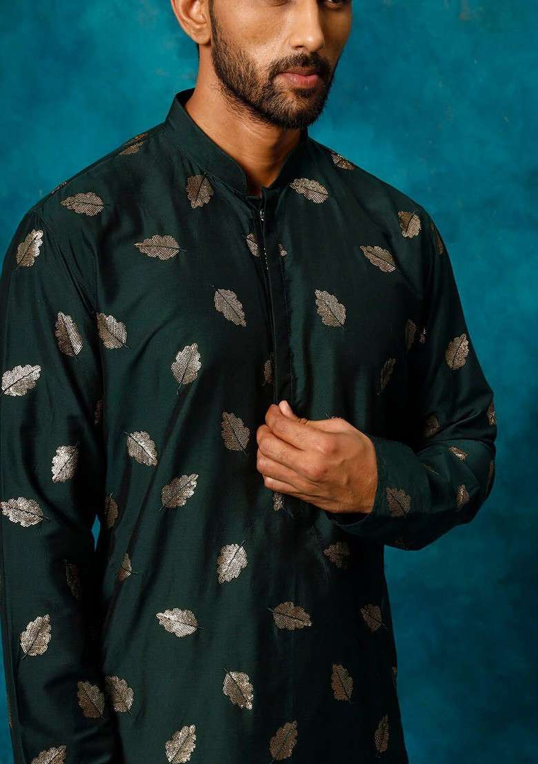 Green Ethnic Motifs Poly Blend Kurta Set For Men - Indya