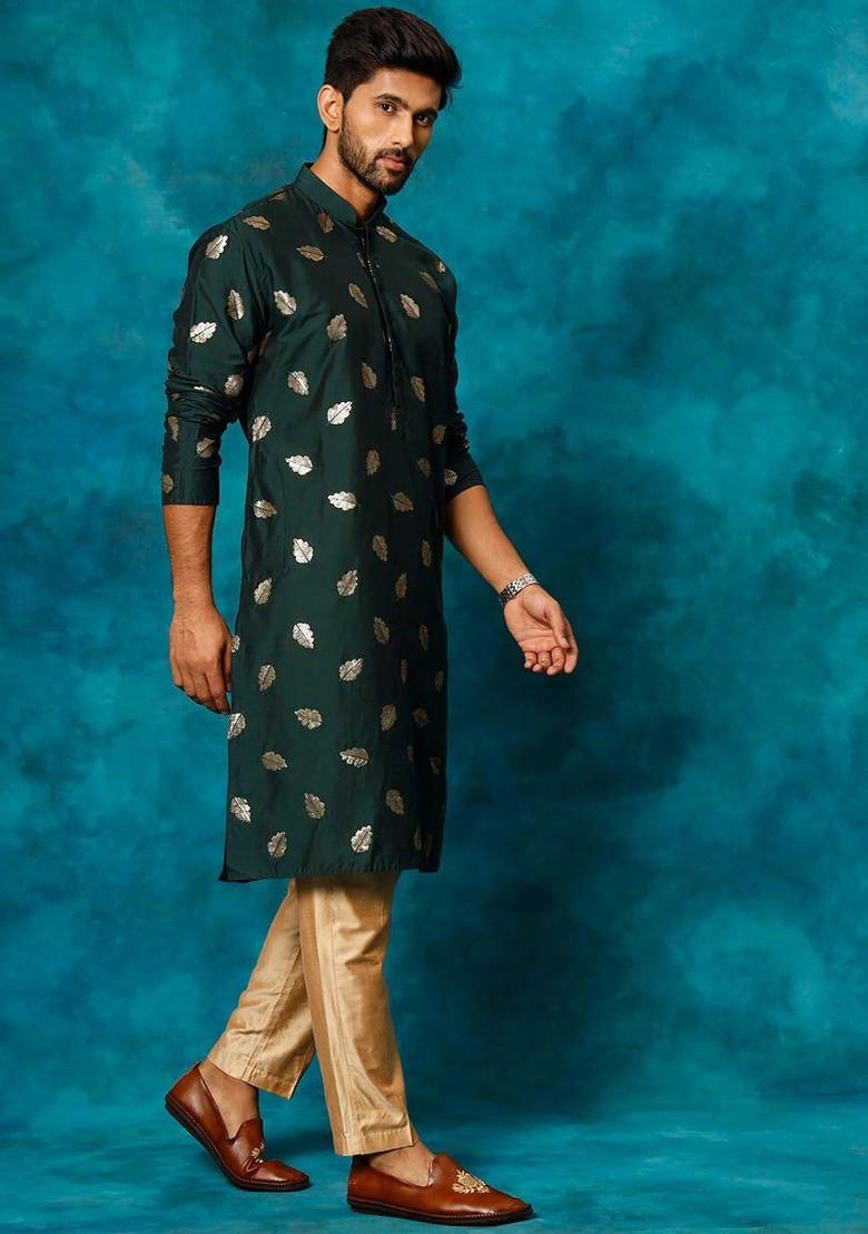 Green Ethnic Motifs Poly Blend Kurta Set For Men