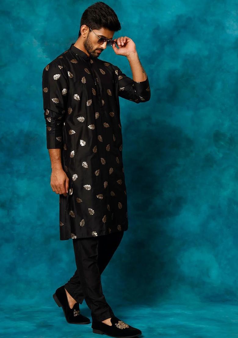 Black Ethnic Motifs Poly Blend Kurta Set For Men