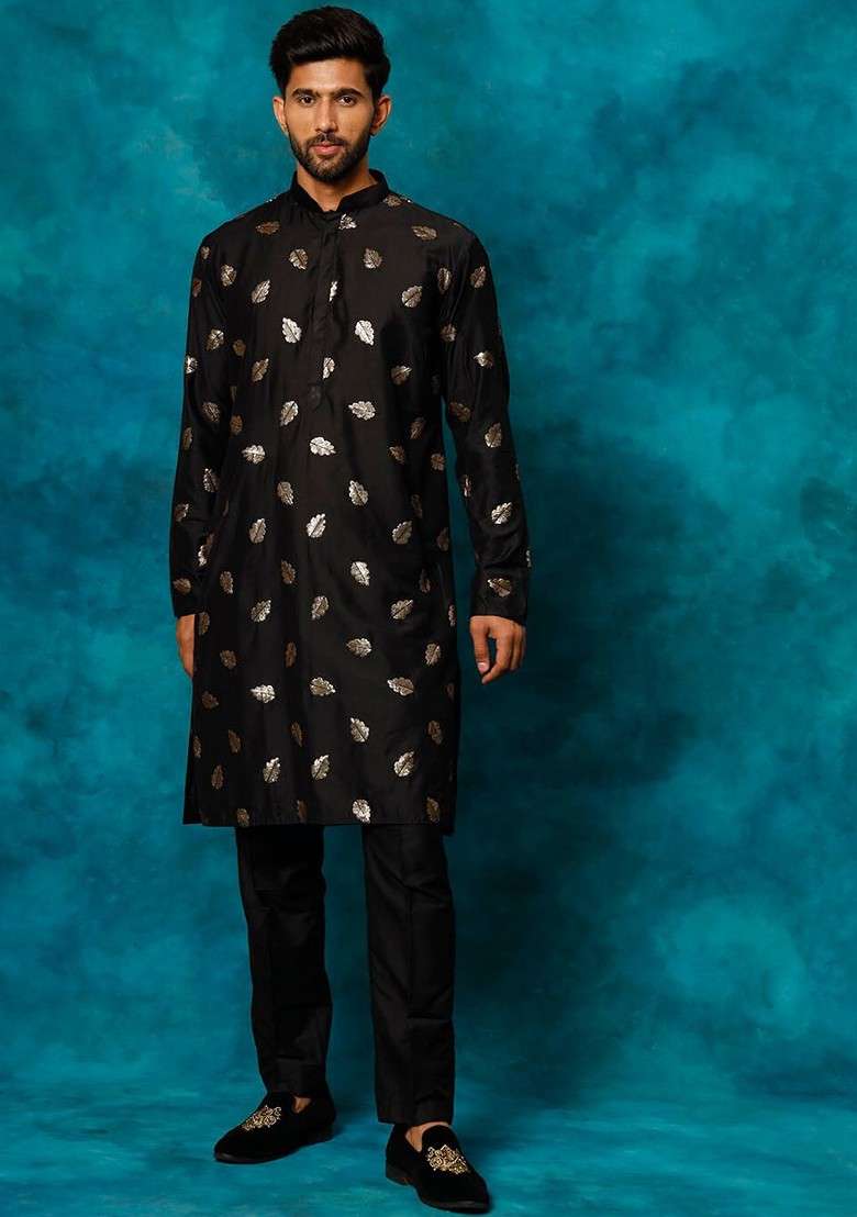 Black Ethnic Motifs Poly Blend Kurta Set For Men - Indya