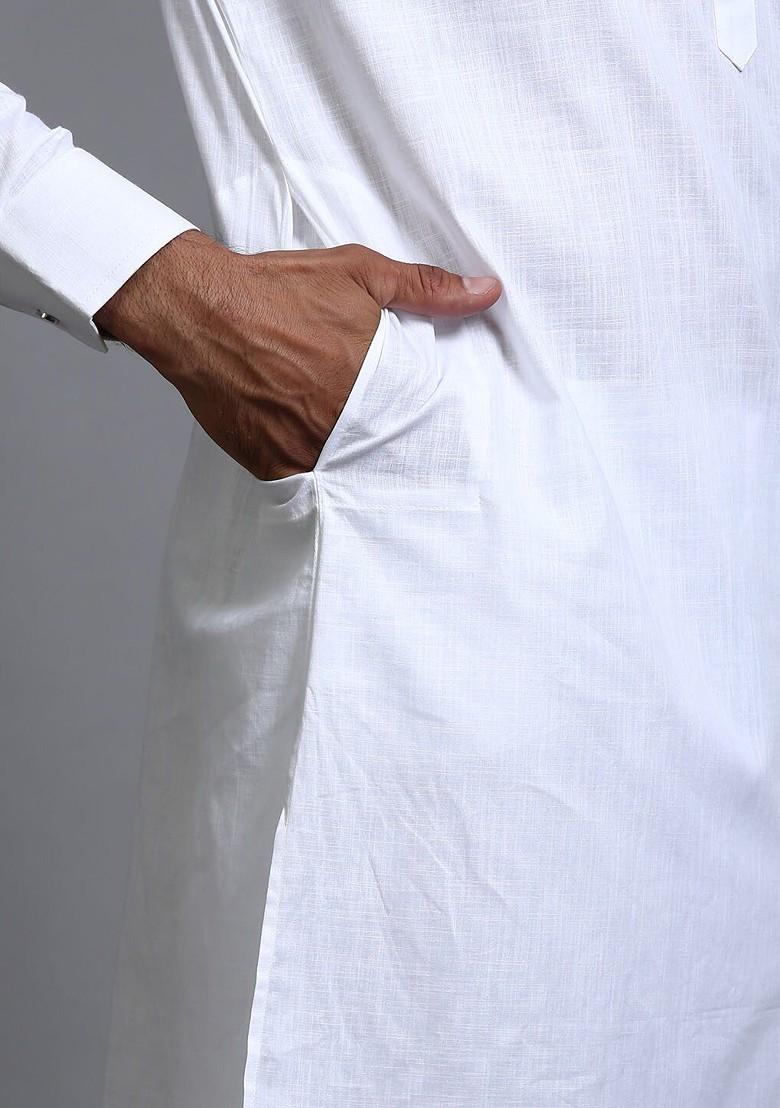 White Solid Poly Blend Kurta Set For Men