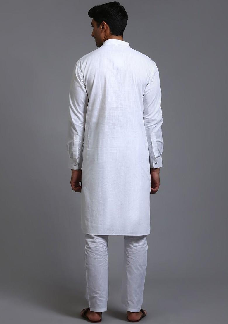 White Solid Poly Blend Kurta Set For Men