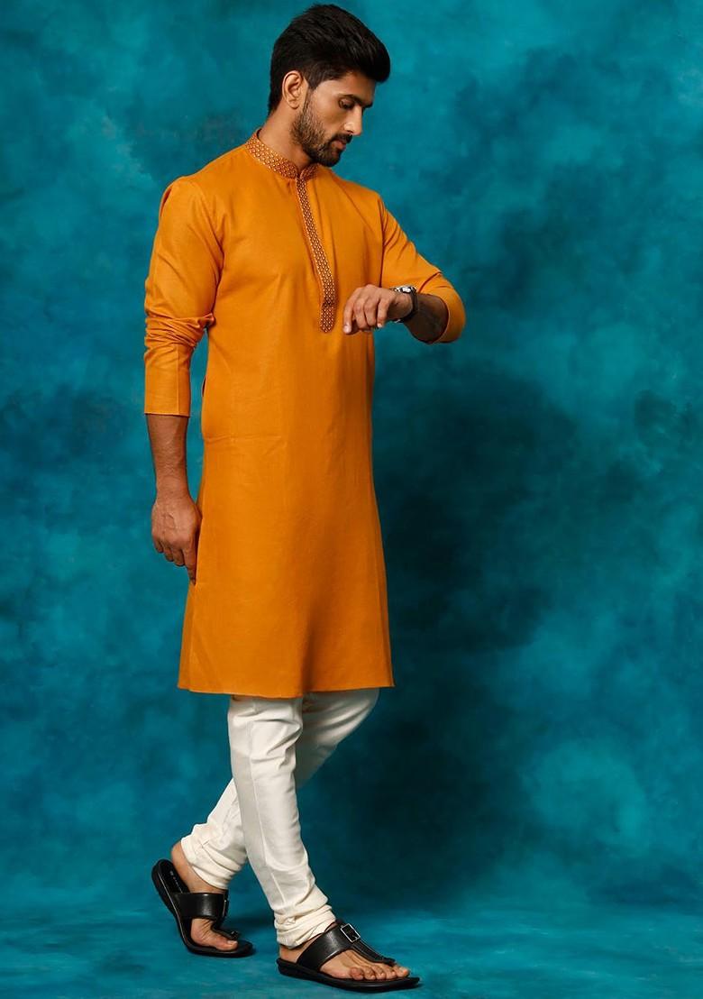 Rust Thread Work Poly Blend Kurta Set For Men
