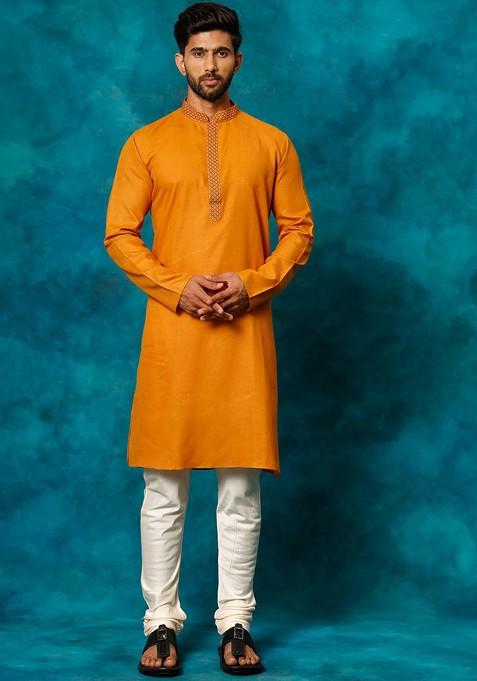 Rust Thread Work Poly Blend Kurta Set For Men