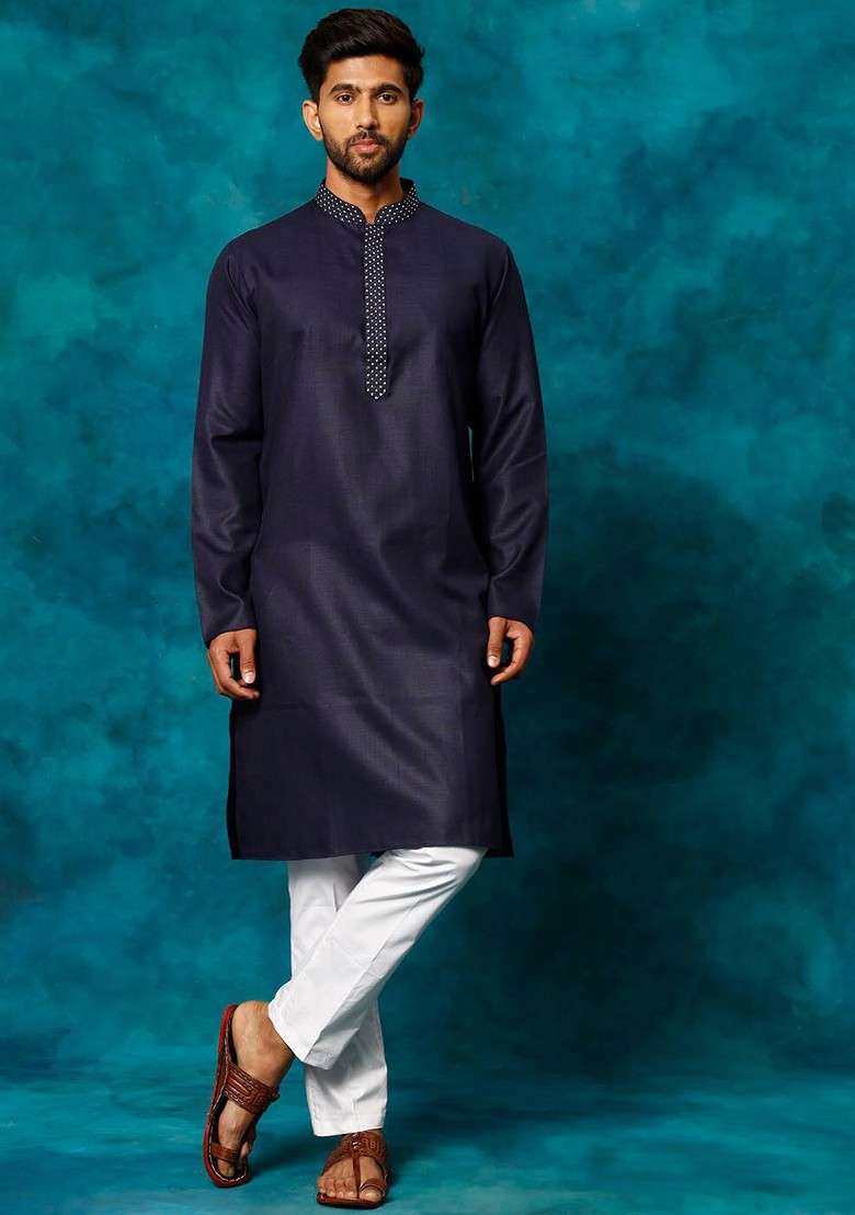 Navy Blue Thread Work Poly Blend Kurta Set For Men - Indya