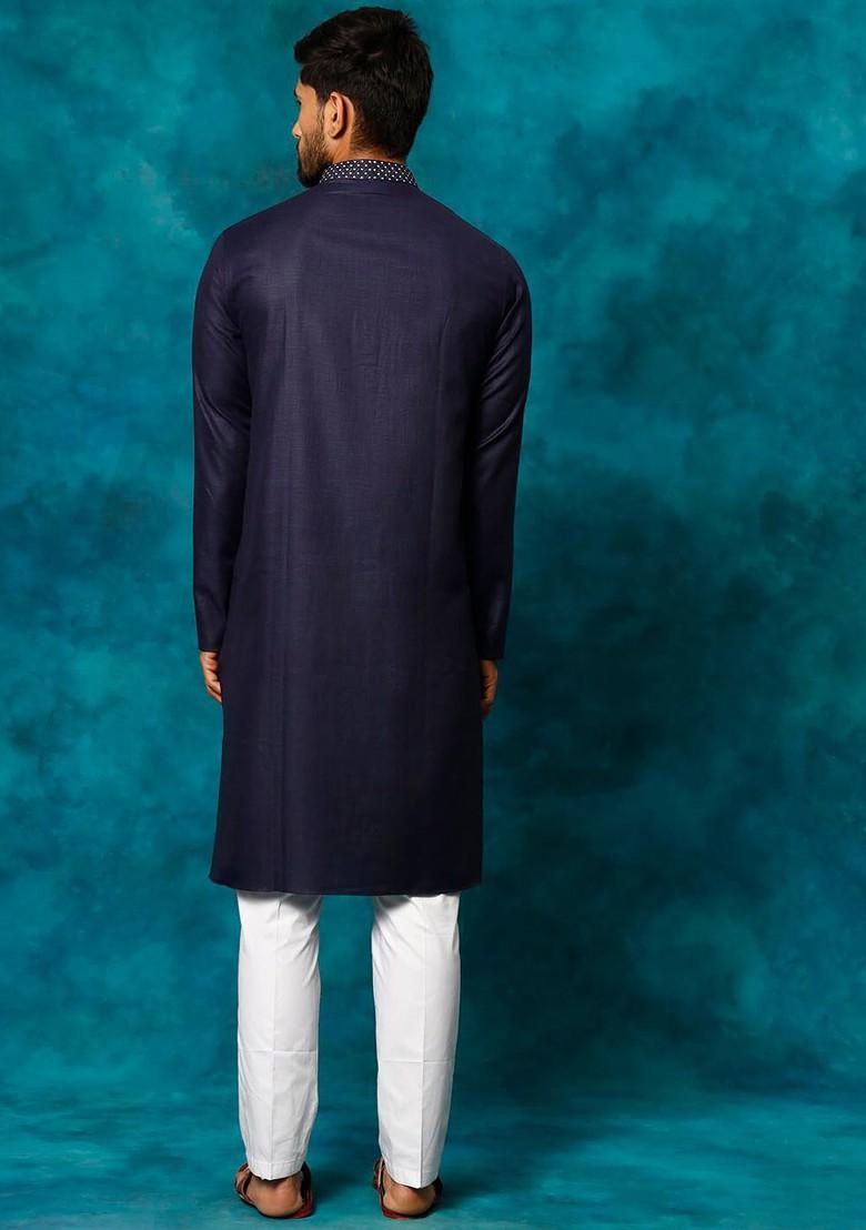 Navy Blue Thread Work Poly Blend Kurta Set For Men