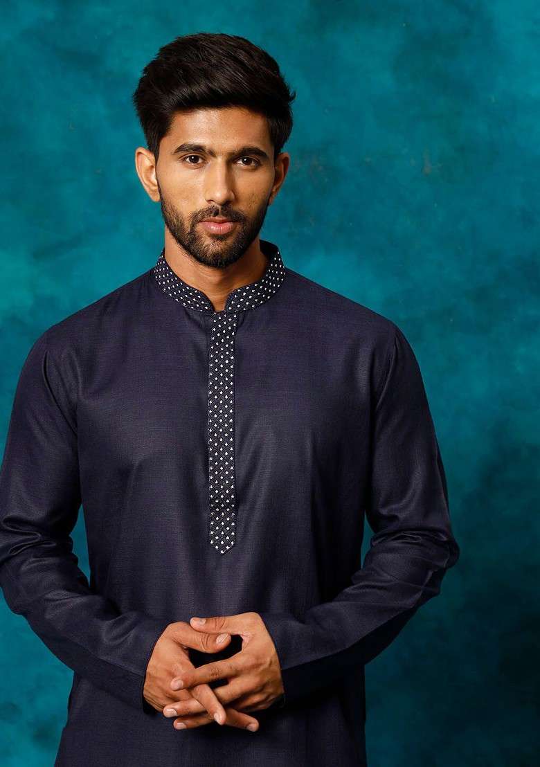 Navy Blue Thread Work Poly Blend Kurta Set For Men - Indya