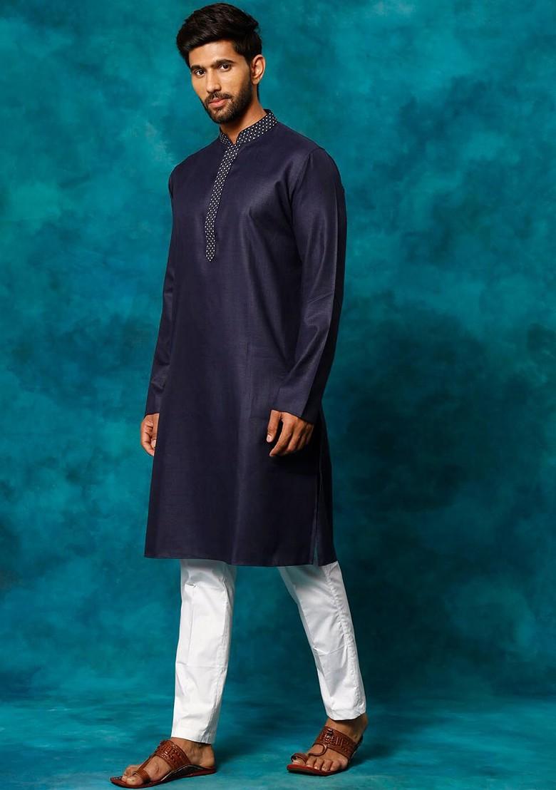 Navy Blue Thread Work Poly Blend Kurta Set For Men