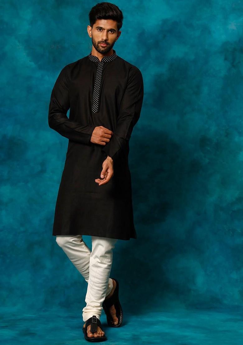 Black Geometric Print Poly Blend Kurta Set For Men