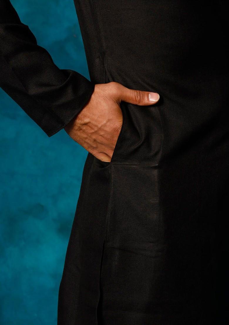 Black Geometric Print Poly Blend Kurta Set For Men