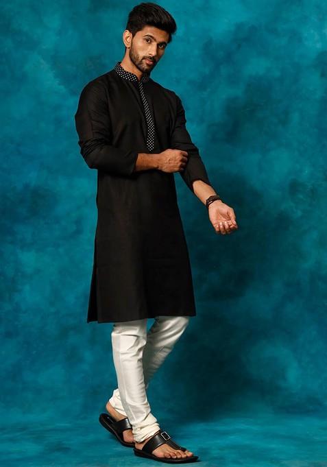 Black Geometric Print Poly Blend Kurta Set For Men