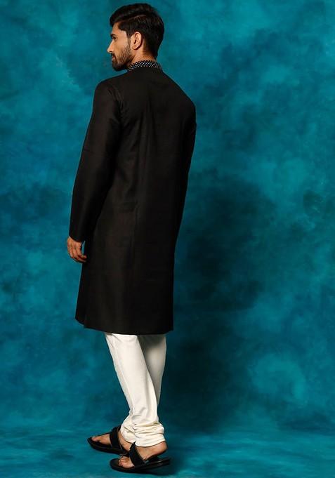 Black Geometric Print Poly Blend Kurta Set For Men