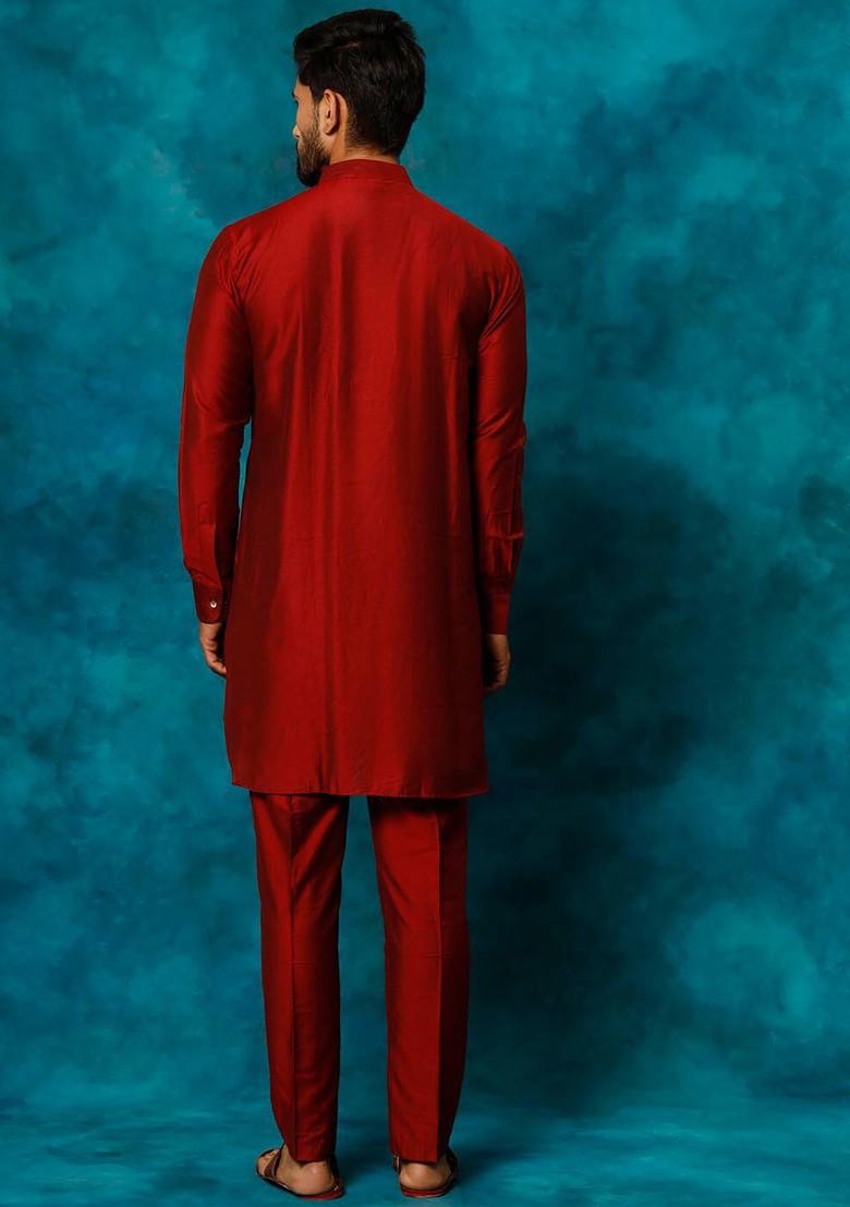 Maroon Solid Poly Blend Kurta Set For Men