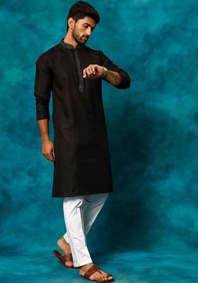 Black Geometric Print Poly Blend Kurta Set For Men