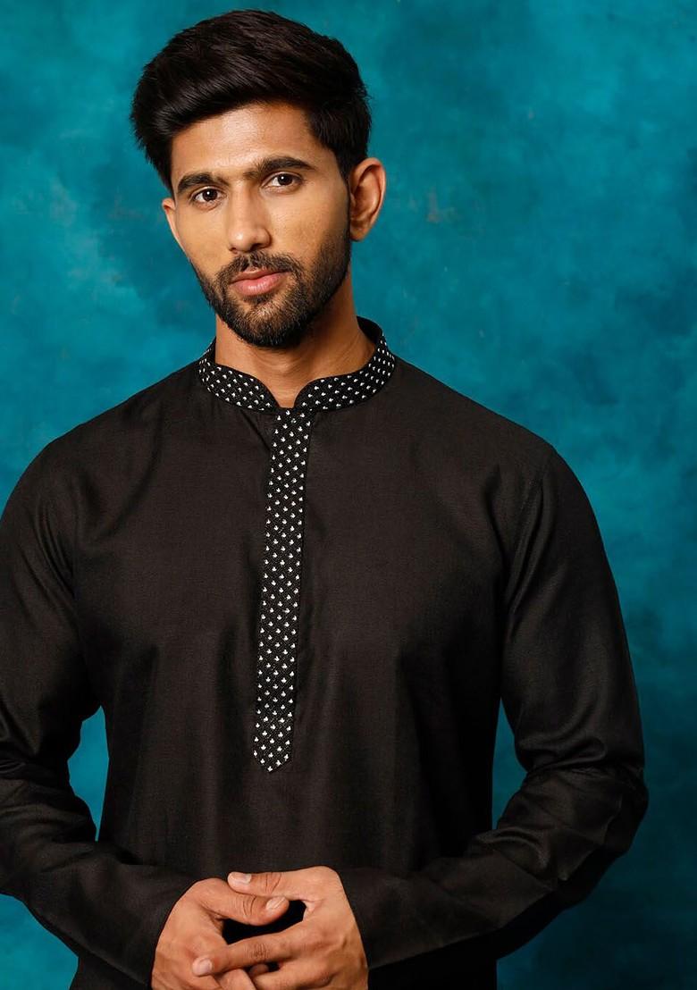 Black Geometric Print Poly Blend Kurta Set For Men