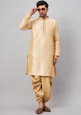 Gold Geometric Print Poly Blend Kurta Set For Men