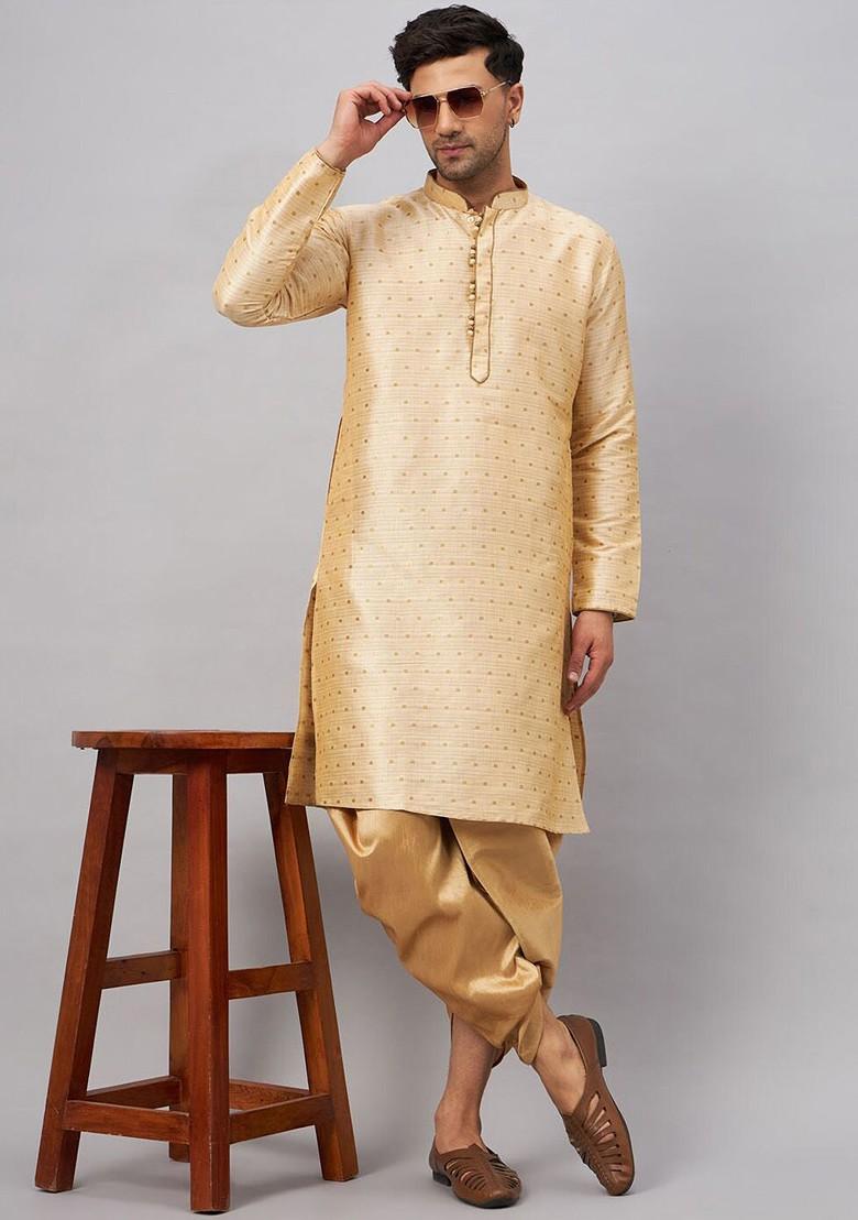 Gold Geometric Print Poly Blend Kurta Set For Men