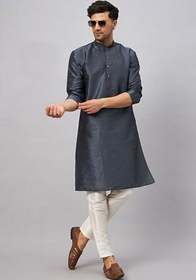 Grey Solid Poly Blend Kurta Set For Men