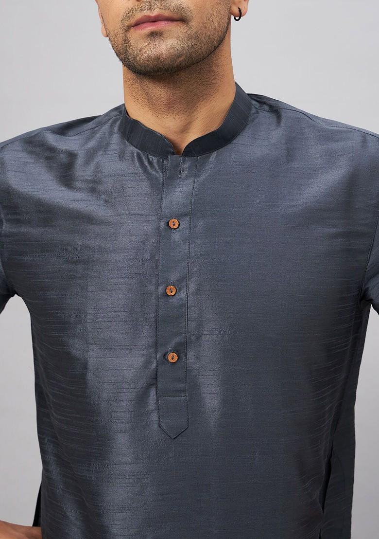 Grey Solid Poly Blend Kurta Set For Men