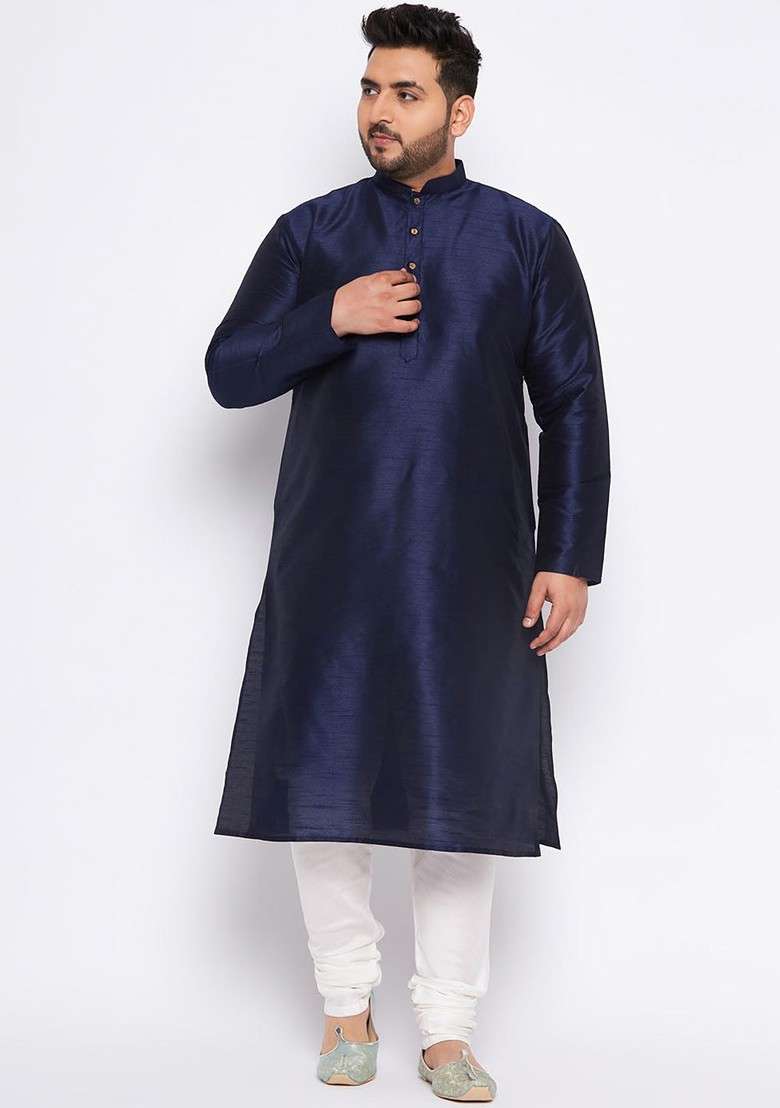 Navy Blue Solid Poly Blend Kurta Set For Men - Indya
