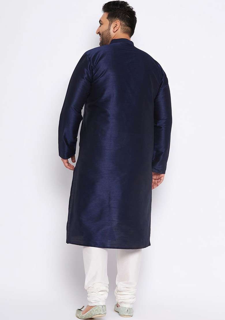 Navy Blue Solid Poly Blend Kurta Set For Men - Indya